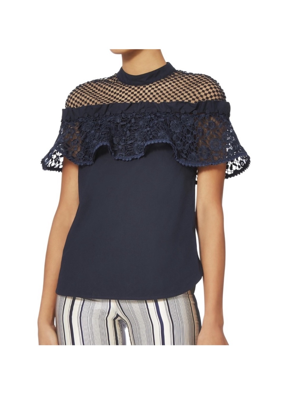 Self-Portrait Navy Lace & Mesh Ruffle Top